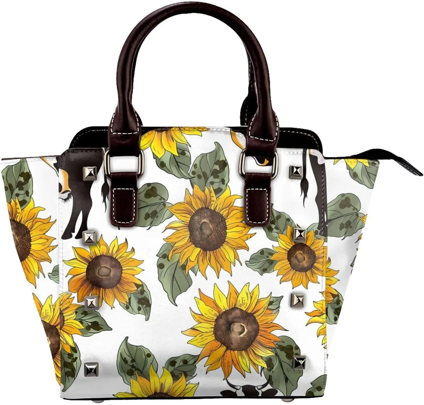 Leather Shoulder Bag for Women, Cow Sunflower Studded Purse Farm Animal Crossbody Handbags Punk Hobo Bag with Adjustable Strap