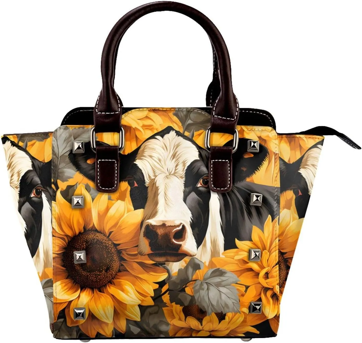 Leather Shoulder Bag for Women, Cow Sunflowers Studded Purse Farm Flower Crossbody Handbags Punk Hobo Bag with Adjustable Strap