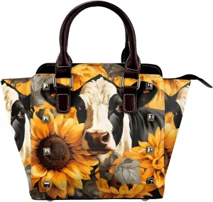 Leather Shoulder Bag for Women, Cow Sunflowers Studded Purse Farm Flower Crossbody Handbags Punk Hobo Bag with Adjustable Strap