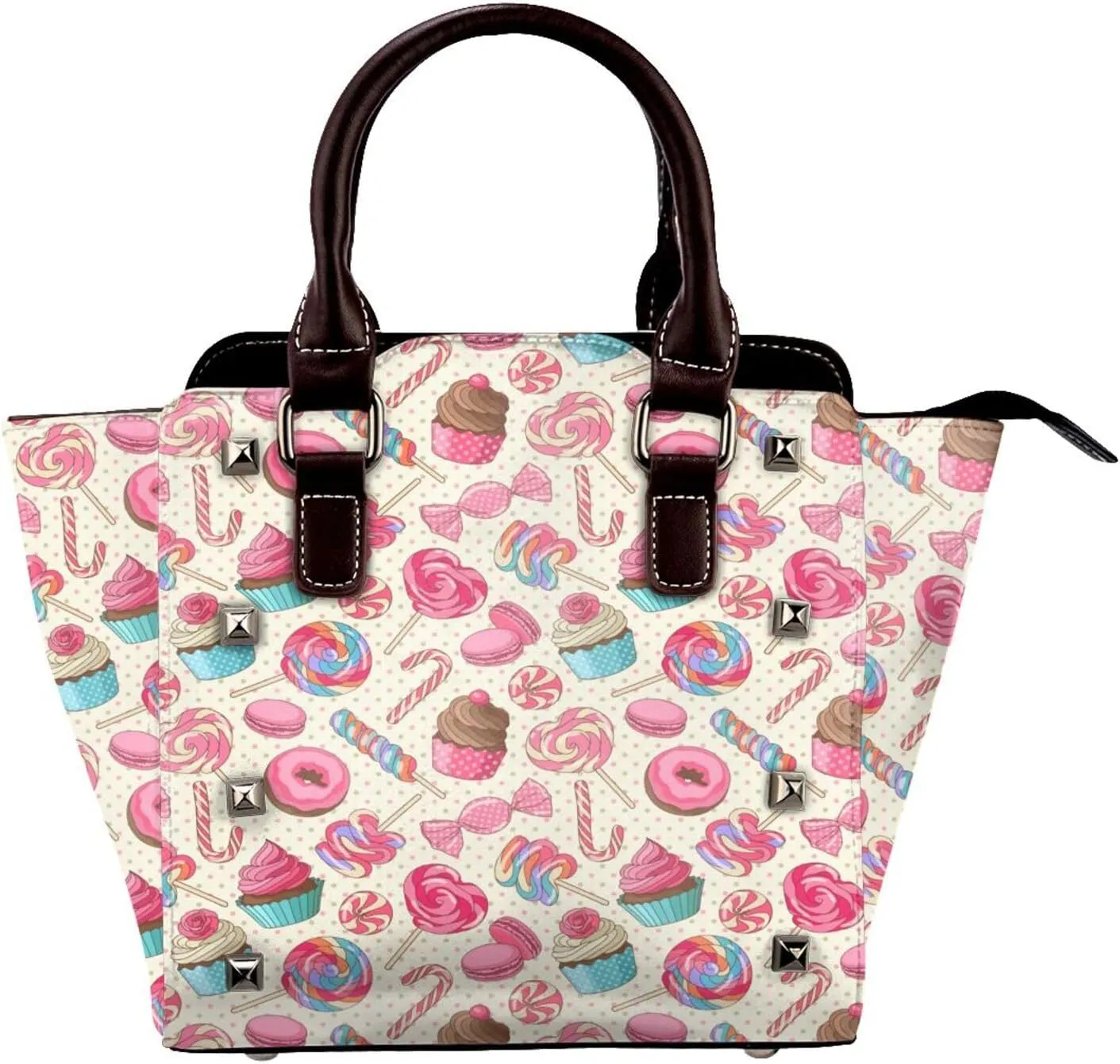 Leather Shoulder Bag for Women, Cupcake Donut Studded Purse Colorful Dessert Crossbody Handbags Punk Hobo Bag with Adjustable Strap