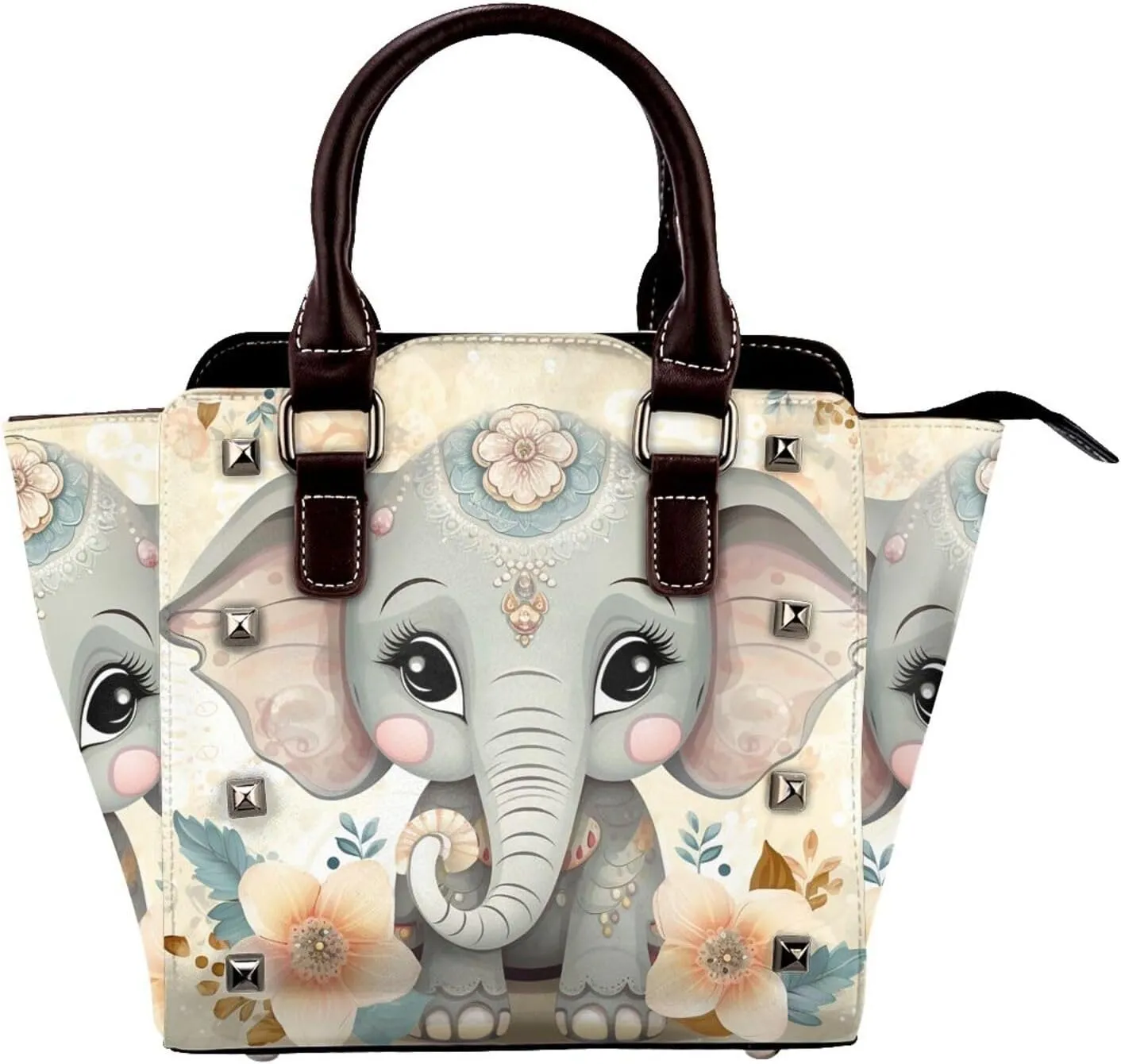 Leather Shoulder Bag for Women, Cute Elephant Studded Purse Ethnic Floral Leaves Crossbody Handbags Punk Hobo Bag with Adjustable Strap