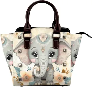 Leather Shoulder Bag for Women, Cute Elephant Studded Purse Ethnic Floral Leaves Crossbody Handbags Punk Hobo Bag with Adjustable Strap