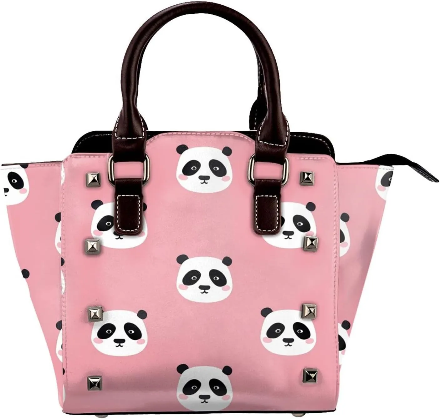 Leather Shoulder Bag for Women, Cute Pandas Studded Purse Cartoon Crossbody Handbags Punk Hobo Bag with Adjustable Strap