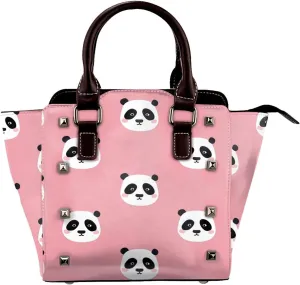Leather Shoulder Bag for Women, Cute Pandas Studded Purse Cartoon Crossbody Handbags Punk Hobo Bag with Adjustable Strap