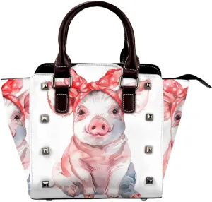 Leather Shoulder Bag for Women, Cute Pig Bow Studded Purse Cartoon Puppy Crossbody Handbags Punk Hobo Bag with Adjustable Strap