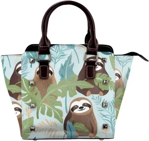 Leather Shoulder Bag for Women, Cute Sloths Studded Purse Tropical Palm Leaves Crossbody Handbags Punk Hobo Bag with Adjustable Strap