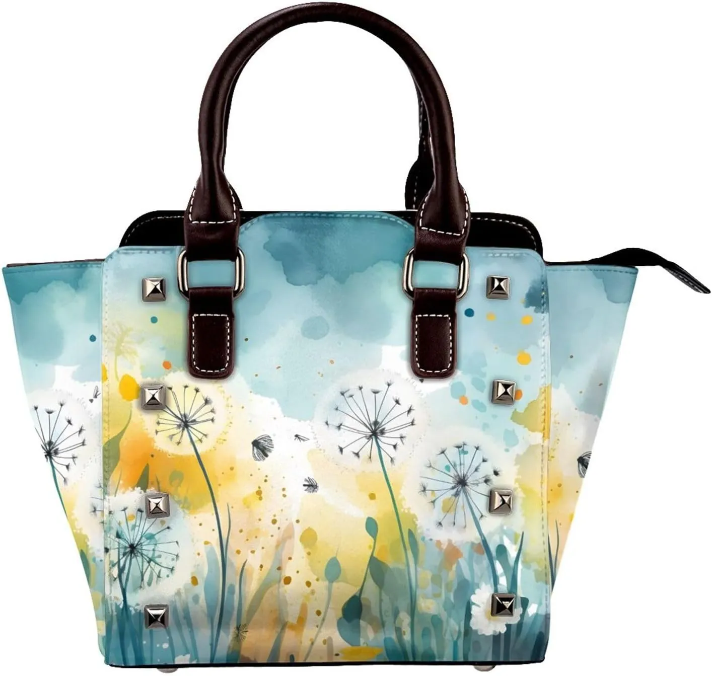 Leather Shoulder Bag for Women, Dandelion Floral Studded Purse Watercolor Flower Crossbody Handbags Punk Hobo Bag with Adjustable Strap