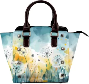 Leather Shoulder Bag for Women, Dandelion Floral Studded Purse Watercolor Flower Crossbody Handbags Punk Hobo Bag with Adjustable Strap