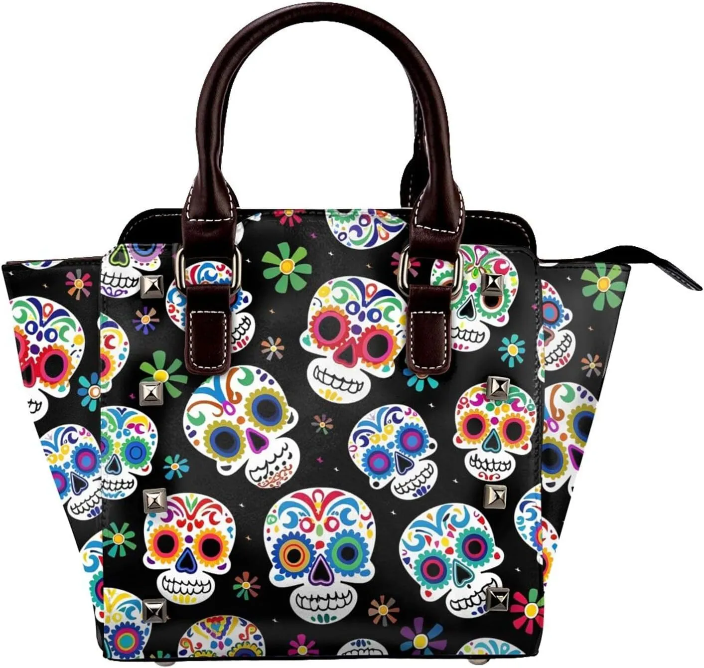 Leather Shoulder Bag for Women, Day Of The Dead Skull Floral Studded Purse Flower Sugar Skull Crossbody Handbags Punk Hobo Bag with Adjustable Strap
