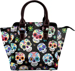 Leather Shoulder Bag for Women, Day Of The Dead Skull Floral Studded Purse Flower Sugar Skull Crossbody Handbags Punk Hobo Bag with Adjustable Strap