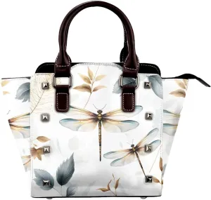 Leather Shoulder Bag for Women, Dragonfly Leaves Studded Purse Watercolor Animal Crossbody Handbags Punk Hobo Bag with Adjustable Strap