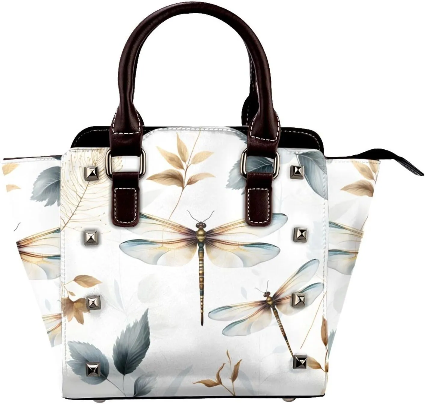 Leather Shoulder Bag for Women, Dragonfly Leaves Studded Purse Watercolor Animal Crossbody Handbags Punk Hobo Bag with Adjustable Strap