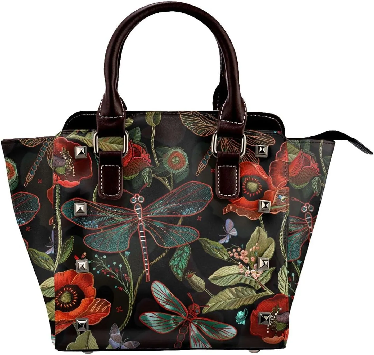 Leather Shoulder Bag for Women, Dragonfly Poppy Studded Purse Vintage Crossbody Handbags Punk Hobo Bag with Adjustable Strap