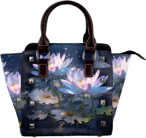Leather Shoulder Bag for Women, Fantasy Waterlily Studded Purse Lotus Butterfly Crossbody Handbags Punk Hobo Bag with Adjustable Strap