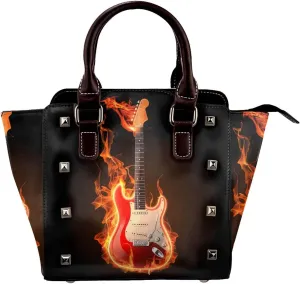 Leather Shoulder Bag for Women, Fire Flame Guitar Studded Purse Music Crossbody Handbags Punk Hobo Bag with Adjustable Strap