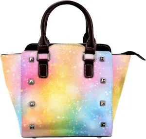 Leather Shoulder Bag for Women, Galaxy Rainbow Studded Purse Glitter Star Crossbody Handbags Punk Hobo Bag with Adjustable Strap