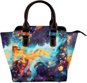 Leather Shoulder Bag for Women, Galaxy Space Studded Purse Colorful Nebula Crossbody Handbags Punk Hobo Bag with Adjustable Strap
