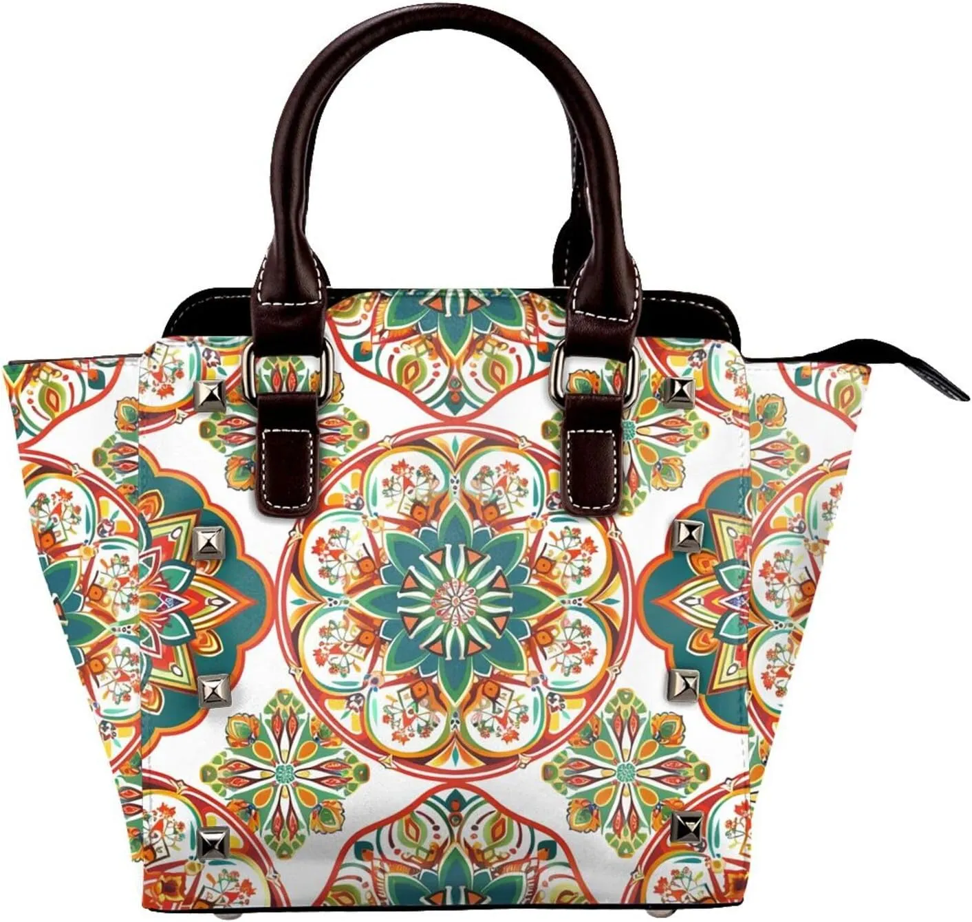 Leather Shoulder Bag for Women, Geometric Mandala Studded Purse Ethnic Crossbody Handbags Punk Hobo Bag with Adjustable Strap