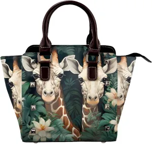 Leather Shoulder Bag for Women, Giraffe Flower Studded Purse Wild Animal Crossbody Handbags Punk Hobo Bag with Adjustable Strap
