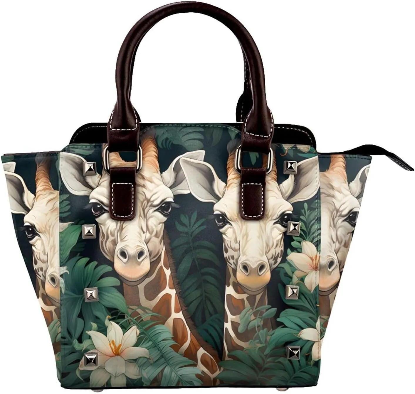 Leather Shoulder Bag for Women, Giraffe Flower Studded Purse Wild Animal Crossbody Handbags Punk Hobo Bag with Adjustable Strap
