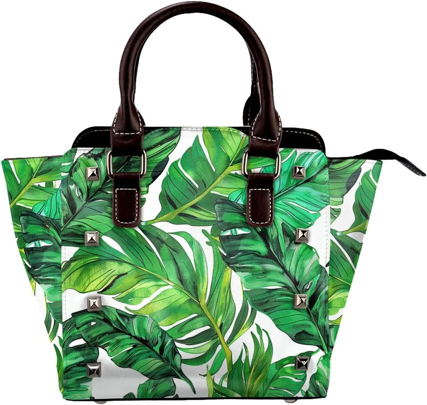 Leather Shoulder Bag for Women, Green Palm Leaves Studded Purse Tropical Crossbody Handbags Punk Hobo Bag with Adjustable Strap