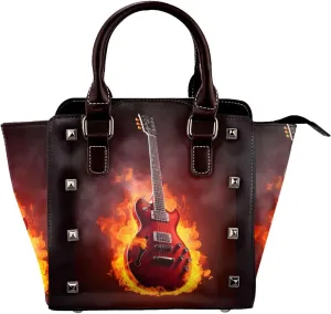 Leather Shoulder Bag for Women, Guitar In Fire Studded Purse Musical Art Crossbody Handbags Punk Hobo Bag with Adjustable Strap