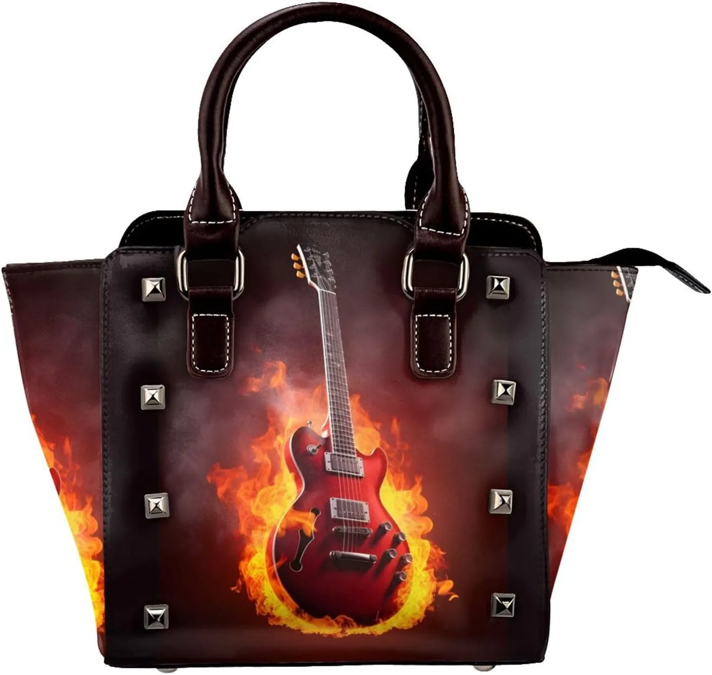Leather Shoulder Bag for Women, Guitar In Fire Studded Purse Musical Art Crossbody Handbags Punk Hobo Bag with Adjustable Strap