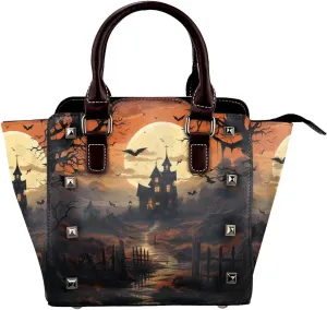 Leather Shoulder Bag for Women, Halloween Castle Studded Purse Spooky Bat Crossbody Handbags Punk Hobo Bag with Adjustable Strap