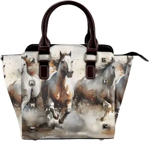 Leather Shoulder Bag for Women, Horses Running Studded Purse Watercolor Animal Crossbody Handbags Punk Hobo Bag with Adjustable Strap