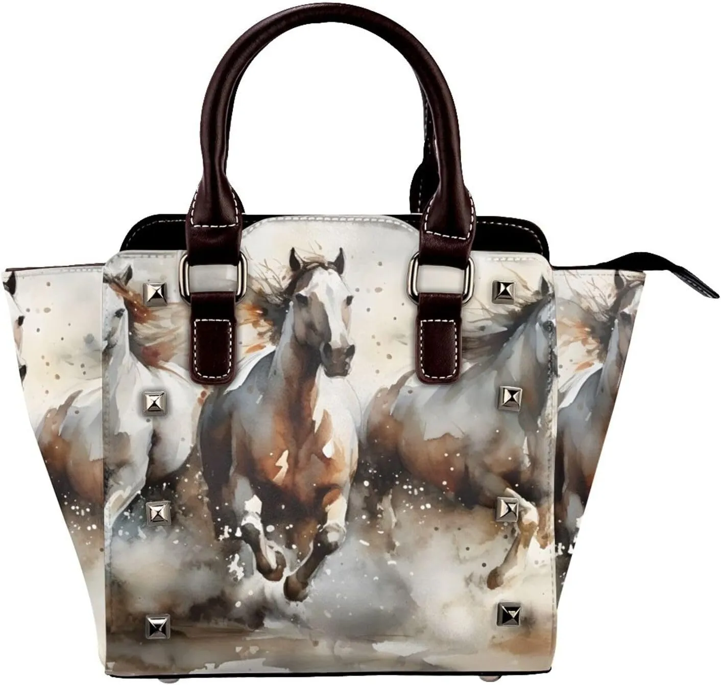Leather Shoulder Bag for Women, Horses Running Studded Purse Watercolor Animal Crossbody Handbags Punk Hobo Bag with Adjustable Strap
