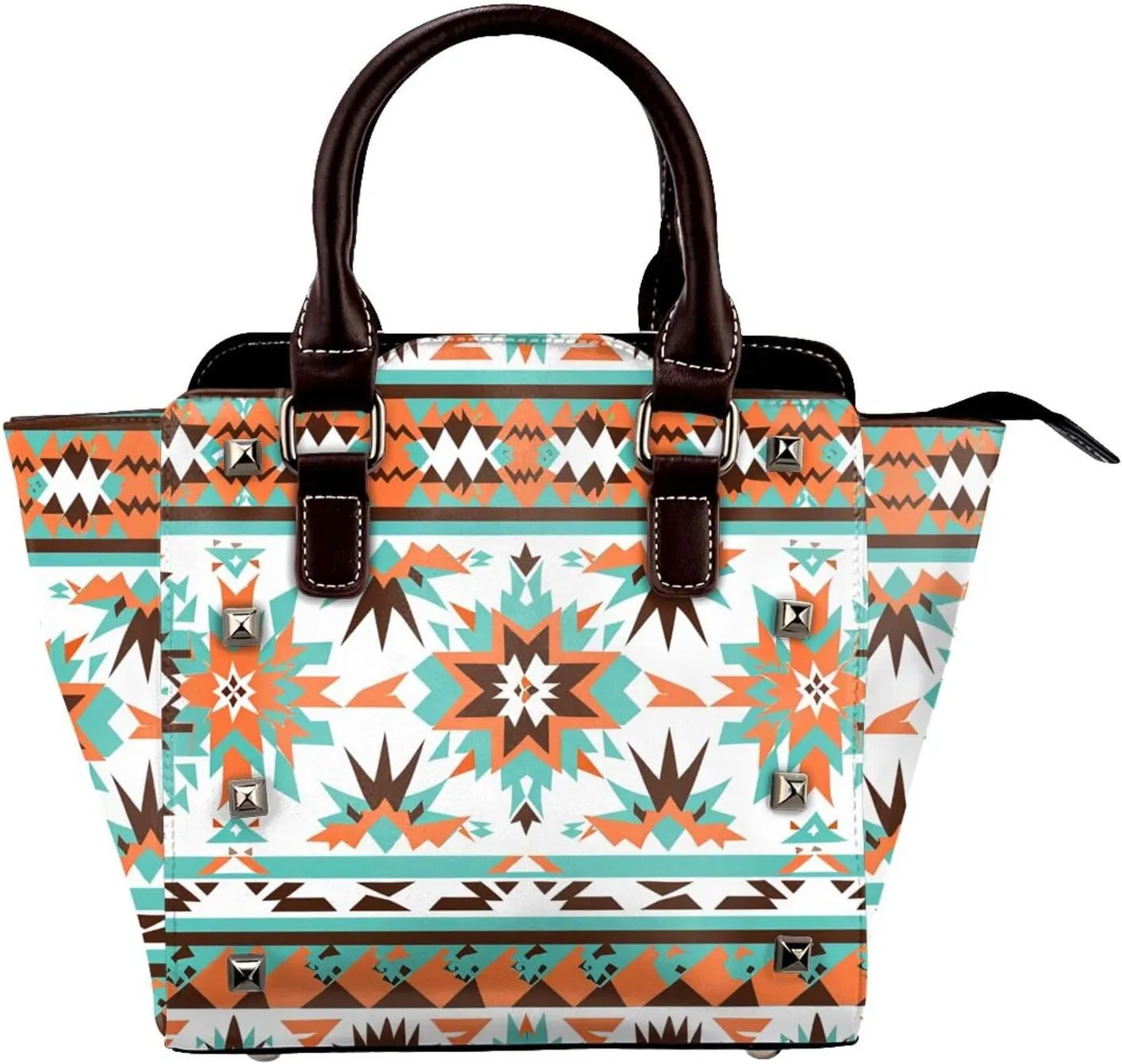 Leather Shoulder Bag for Women, Indian Aztec Studded Purse Ethnic Geometric Crossbody Handbags Punk Hobo Bag with Adjustable Strap