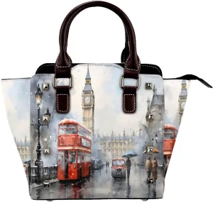 Leather Shoulder Bag for Women, London Big Ben Studded Purse Watercolor City Crossbody Handbags Punk Hobo Bag with Adjustable Strap