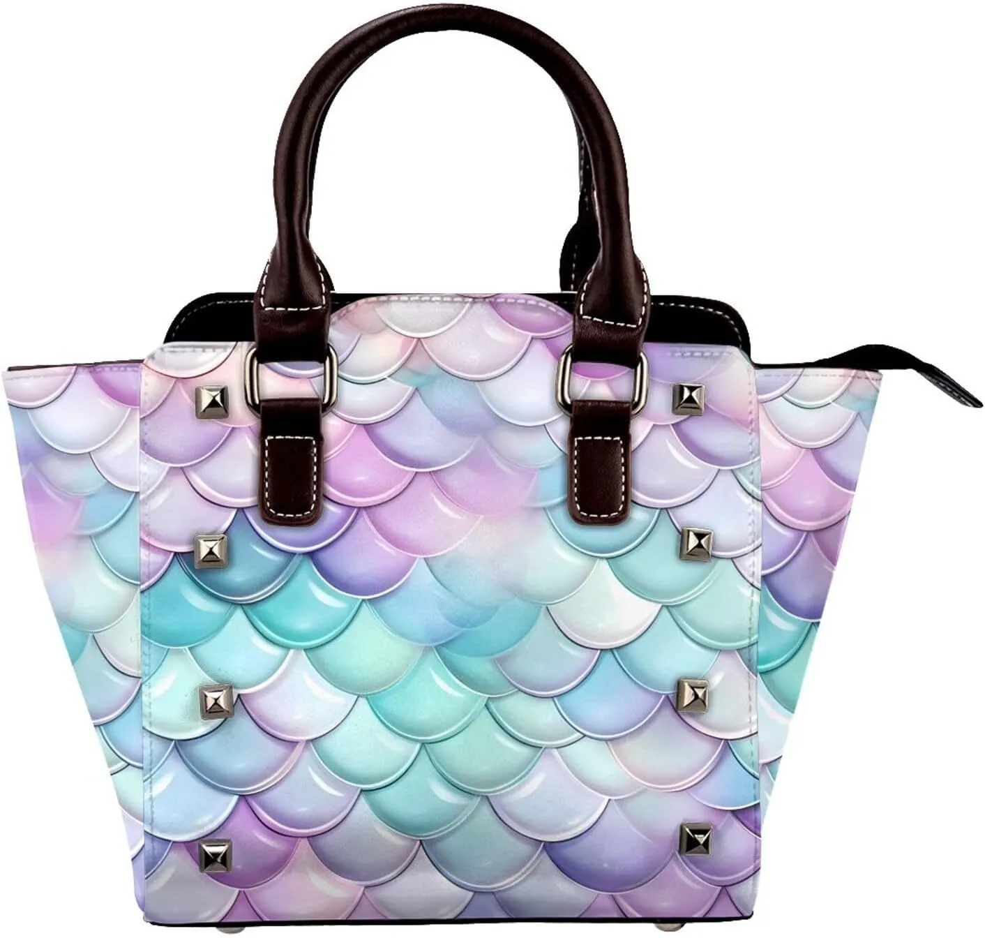 Leather Shoulder Bag for Women, Mermaid Skin Studded Purse Mermaid Fish Scale Crossbody Handbags Punk Hobo Bag with Adjustable Strap