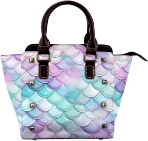 Leather Shoulder Bag for Women, Mermaid Skin Studded Purse Mermaid Fish Scale Crossbody Handbags Punk Hobo Bag with Adjustable Strap