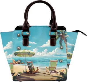 Leather Shoulder Bag for Women, Ocean Beach Palm Studded Purse Sea Hawaii Crossbody Handbags Punk Hobo Bag with Adjustable Strap