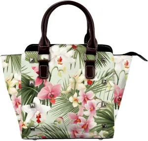 Leather Shoulder Bag for Women, Palm Flower Studded Purse Tropical Palm Leaves Crossbody Handbags Punk Hobo Bag with Adjustable Strap