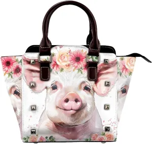 Leather Shoulder Bag for Women, Pig Flower Studded Purse Watercolor Animal Crossbody Handbags Punk Hobo Bag with Adjustable Strap