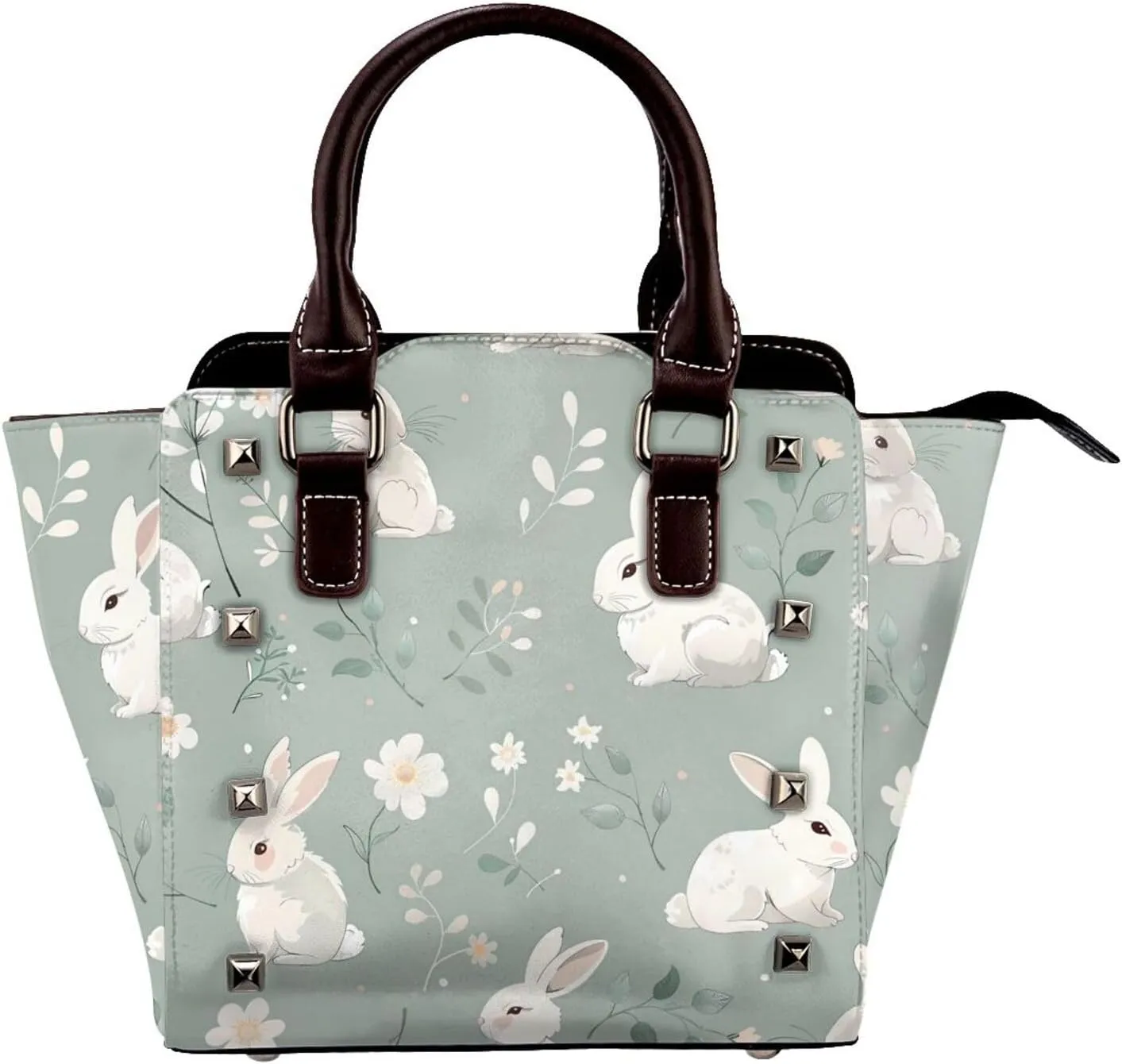 Leather Shoulder Bag for Women, Rabbit Studded Purse Bunny Flower Crossbody Handbags Punk Hobo Bag with Adjustable Strap