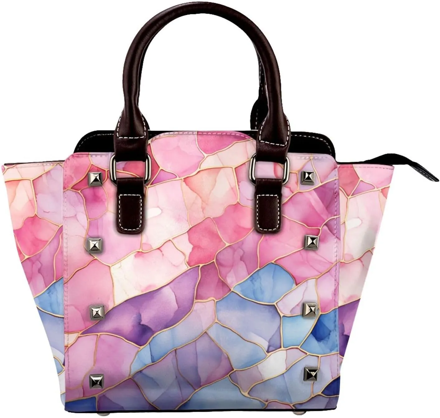 Leather Shoulder Bag for Women, Rainbow Marble Geometric Studded Purse Abstract Art Crossbody Handbags Punk Hobo Bag with Adjustable Strap