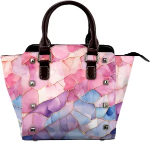 Leather Shoulder Bag for Women, Rainbow Marble Geometric Studded Purse Abstract Art Crossbody Handbags Punk Hobo Bag with Adjustable Strap