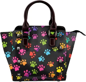 Leather Shoulder Bag for Women, Rainbow Paw Print Studded Purse Dog Footprint Crossbody Handbags Punk Hobo Bag with Adjustable Strap