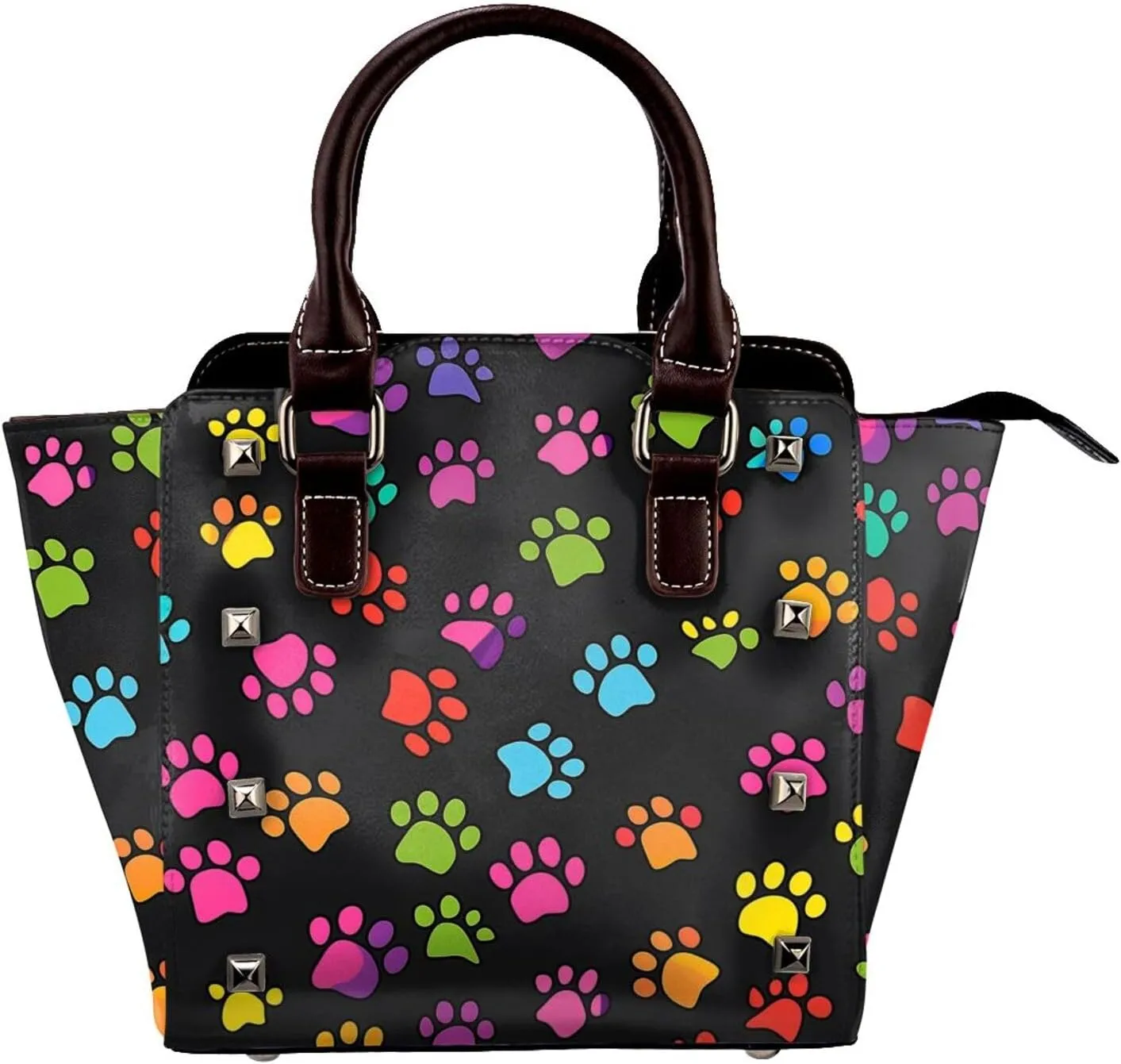 Leather Shoulder Bag for Women, Rainbow Paw Print Studded Purse Dog Footprint Crossbody Handbags Punk Hobo Bag with Adjustable Strap