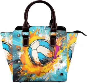 Leather Shoulder Bag for Women, Rainbow Volleyball Studded Purse Sport Ball Crossbody Handbags Punk Hobo Bag with Adjustable Strap