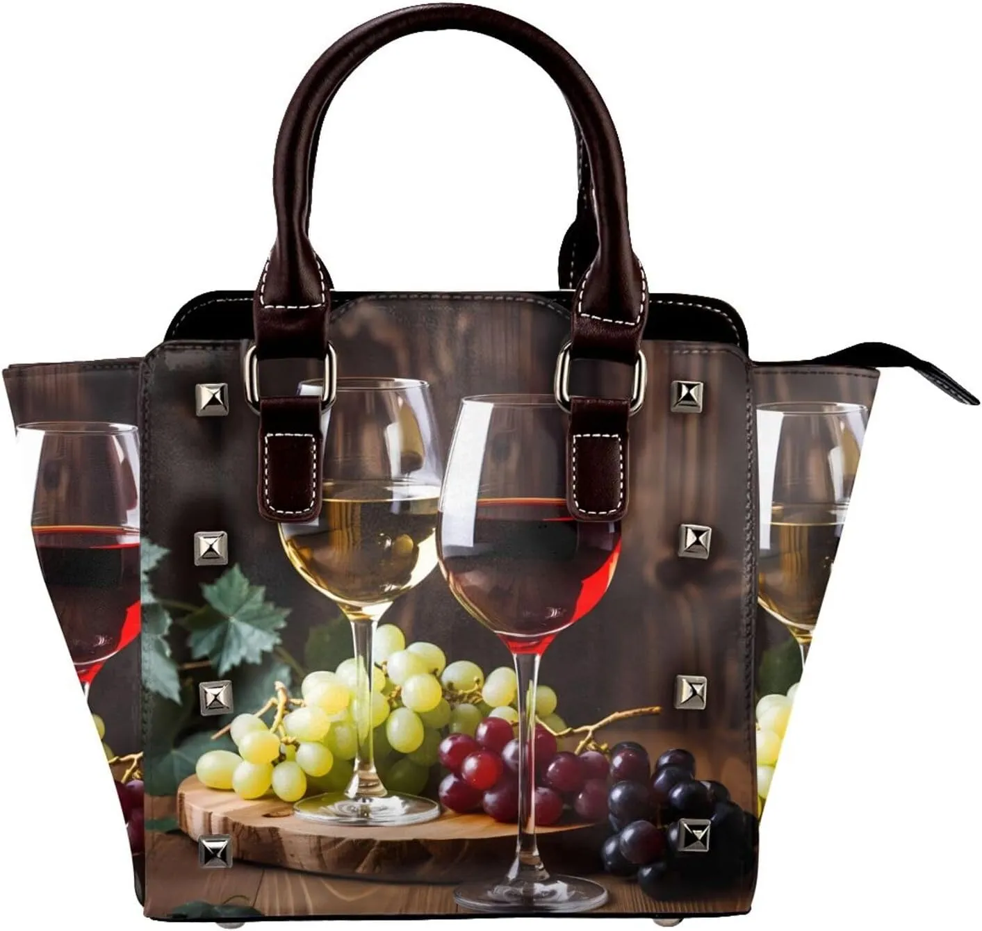 Leather Shoulder Bag for Women, Red And White Wine Studded Purse Grape Wooden Crossbody Handbags Punk Hobo Bag with Adjustable Strap