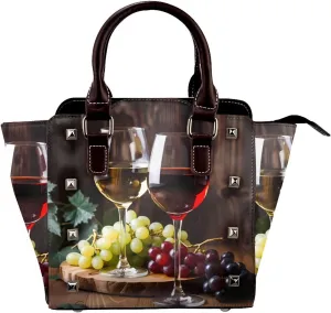 Leather Shoulder Bag for Women, Red And White Wine Studded Purse Grape Wooden Crossbody Handbags Punk Hobo Bag with Adjustable Strap