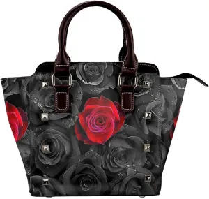 Leather Shoulder Bag for Women, Red Rose Floral Studded Purse Romantic Flower Crossbody Handbags Punk Hobo Bag with Adjustable Strap