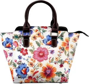 Leather Shoulder Bag for Women, Retro Floral Studded Purse Colorful Flower Crossbody Handbags Punk Hobo Bag with Adjustable Strap