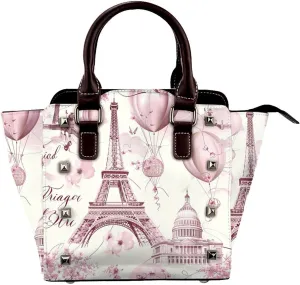 Leather Shoulder Bag for Women, Romantic City Studded Purse Paris Eiffel Tower Crossbody Handbags Punk Hobo Bag with Adjustable Strap