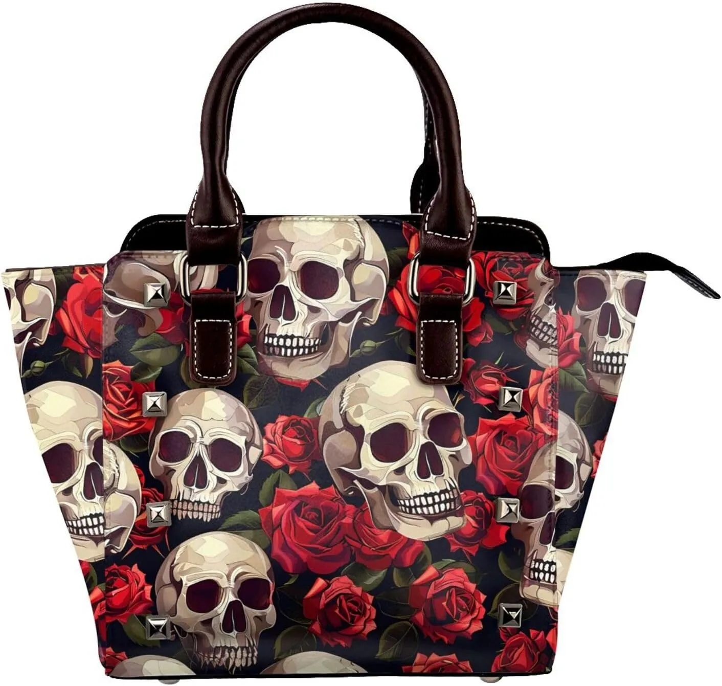 Leather Shoulder Bag for Women, Rose Halloween Skull Studded Purse Sugar Skeleton Crossbody Handbags Punk Hobo Bag with Adjustable Strap