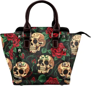 Leather Shoulder Bag for Women, Rose Sugar Skull Studded Purse Halloween Skeleton Crossbody Handbags Punk Hobo Bag with Adjustable Strap